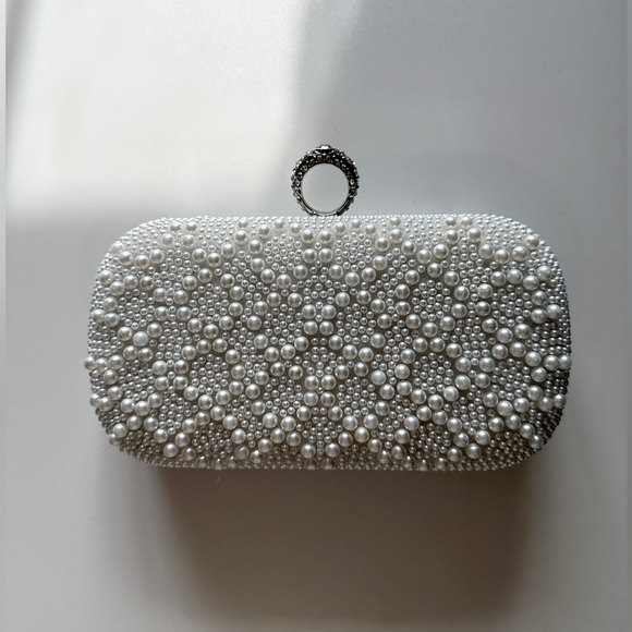 Pearl Embellished Silver Clutch - Picture 1 of 7